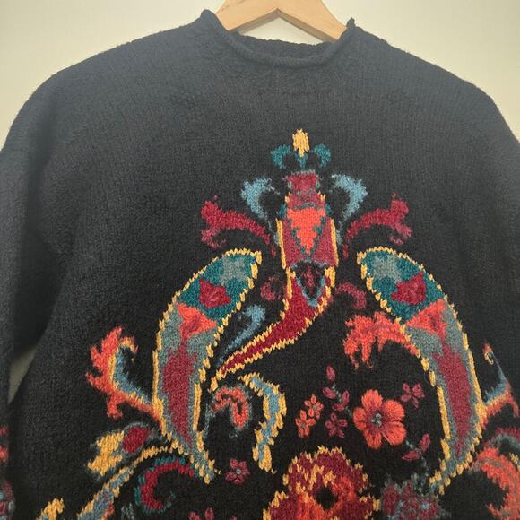 Vintage Laura Ashley Chunky Knit Wool Sweater Size S Black Floral Embroidery - Picture 2 of 8